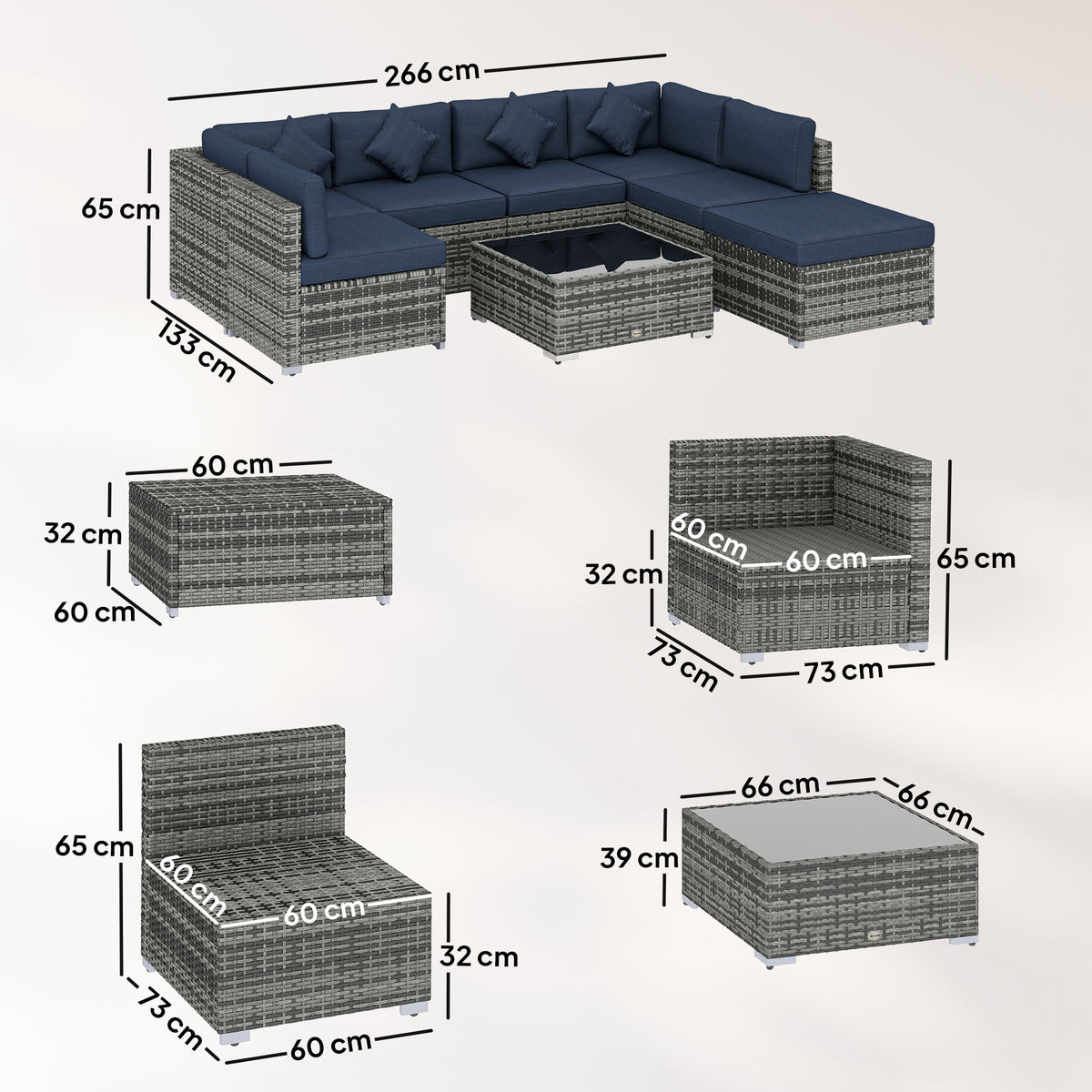Outsunny 8 Pieces PE Rattan Corner Sofa Set, Outdoor Garden Furniture Set, Patio Wicker Sofa Seater with Cushion, Dark Blue