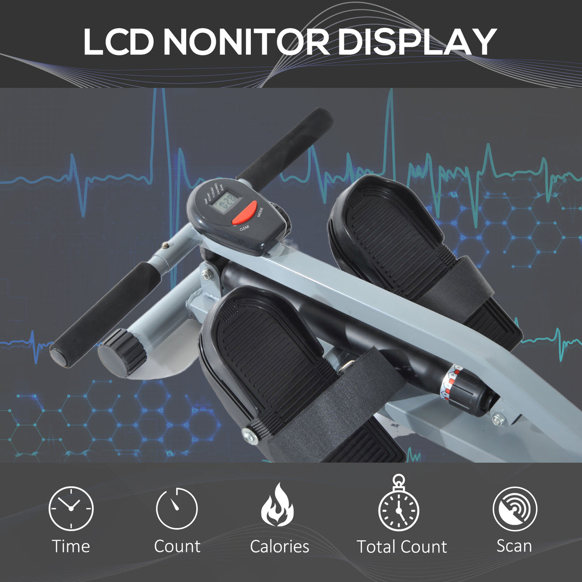 HOMCOM rowing machine monitor, resistance knob and strapped foot pedals
