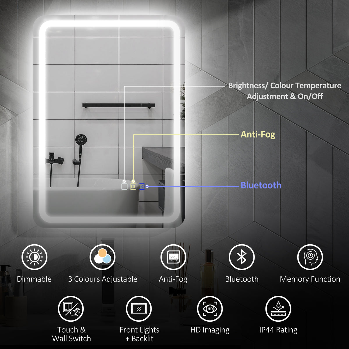 HOMCOM illuminated bathroom mirror with adjustable brightness, anti-fog, Bluetooth, and touch controls
