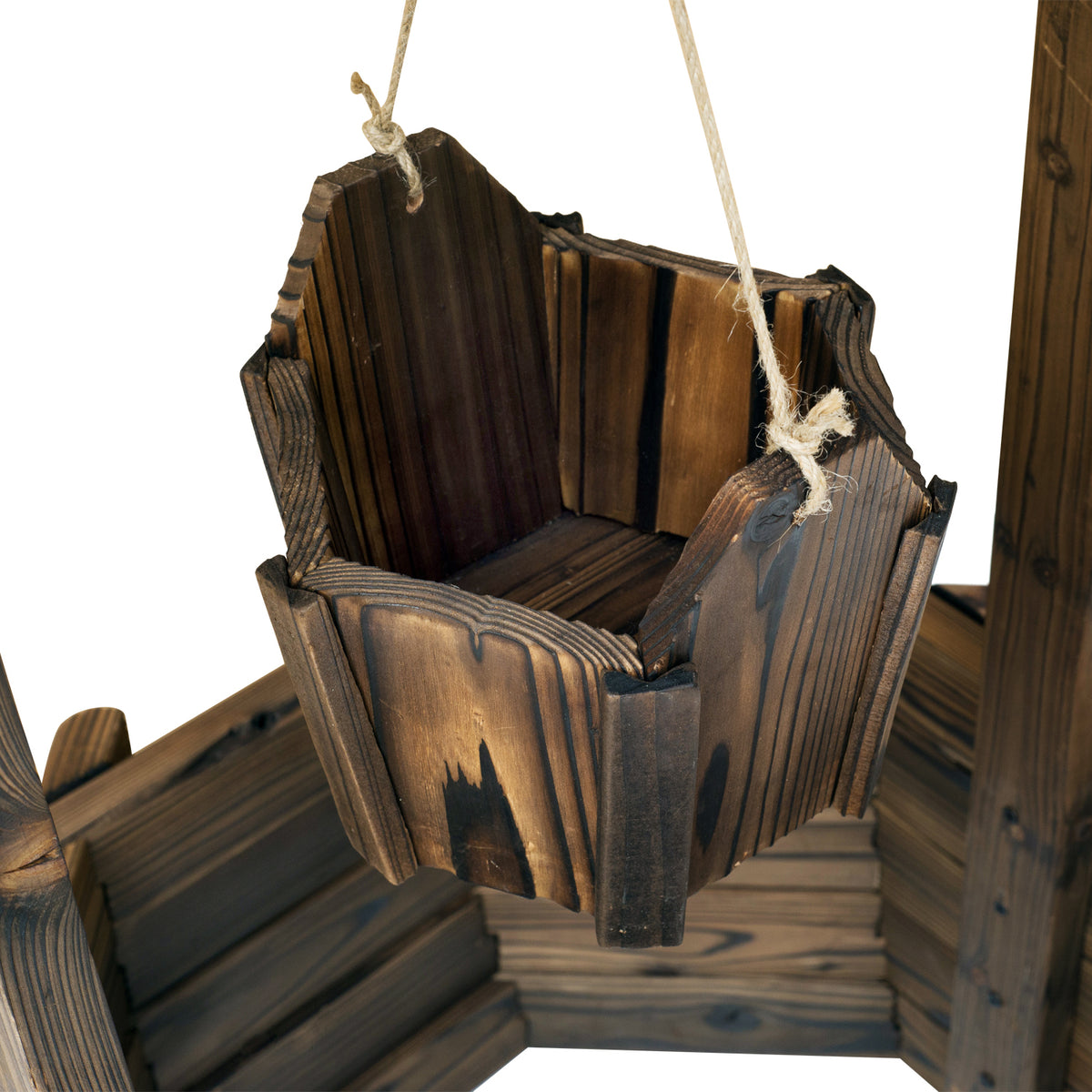 Close-up of the small wooden bucket suspended inside the wishing well planter