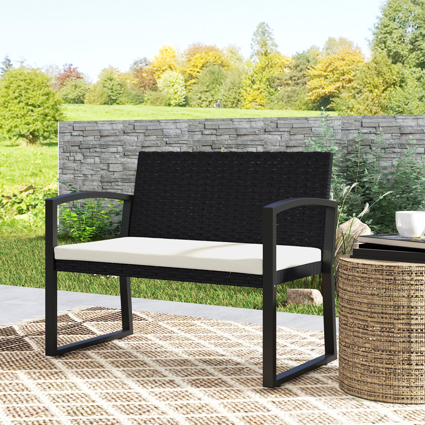 Outsunny Two-Seater Rattan Garden Bench - Beige