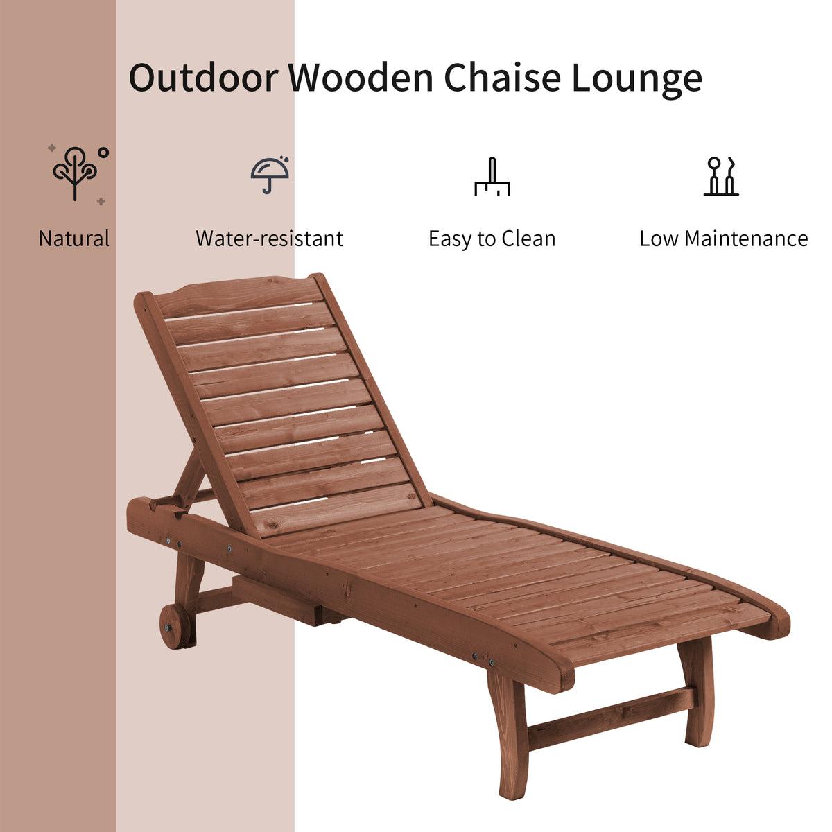 Red-brown wooden outdoor chaise lounge with adjustable slatted backrest and wheels