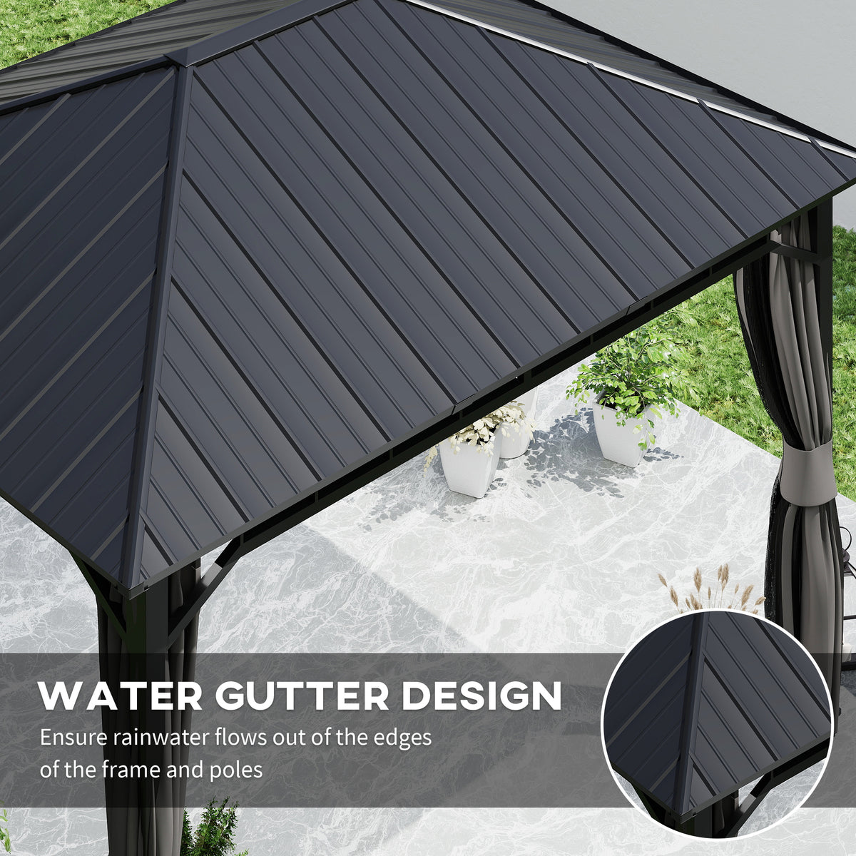 Outsunny gazebo roof with water gutter edges and dark metal panels