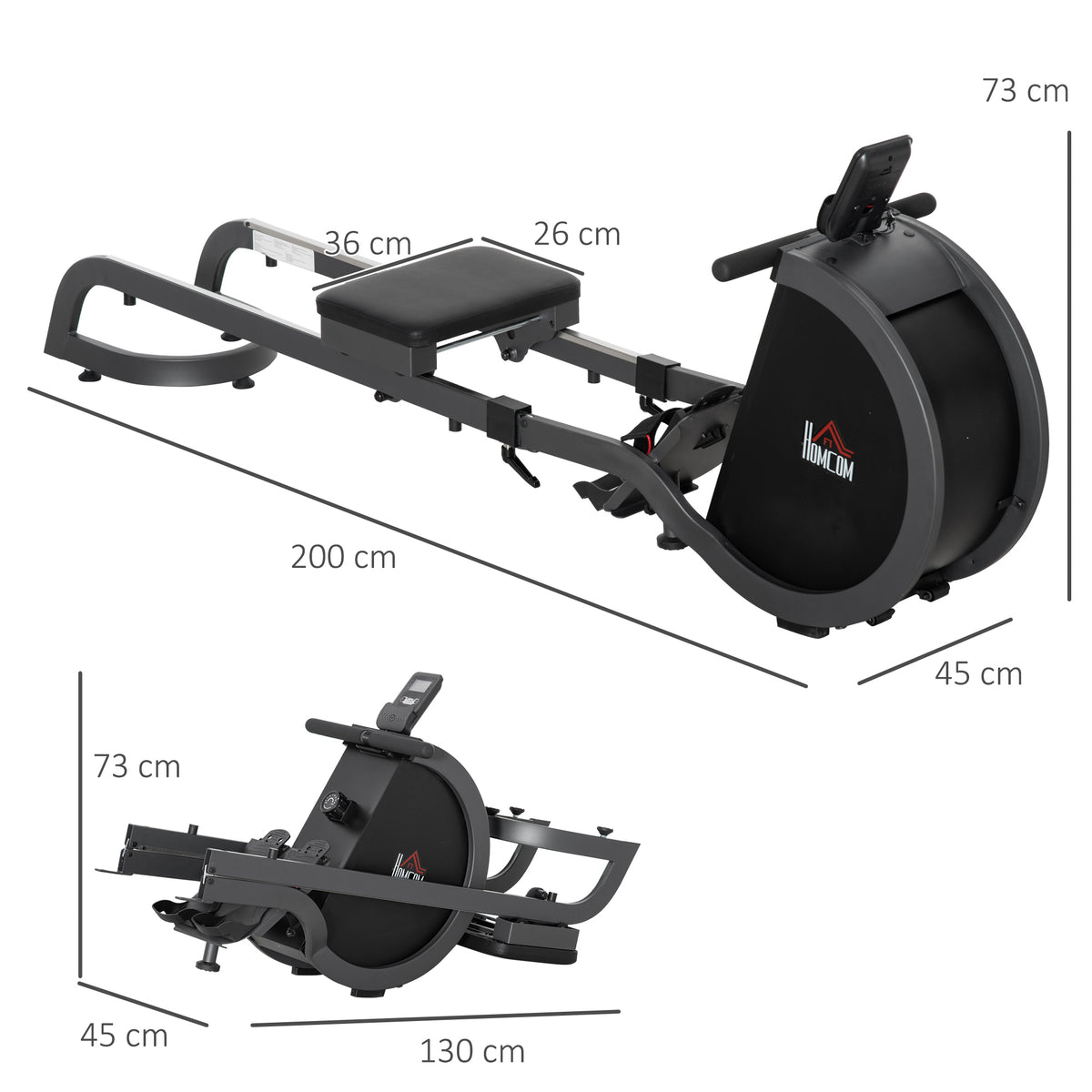 HOMCOM folding rowing machine shown assembled and folded, with dimensions