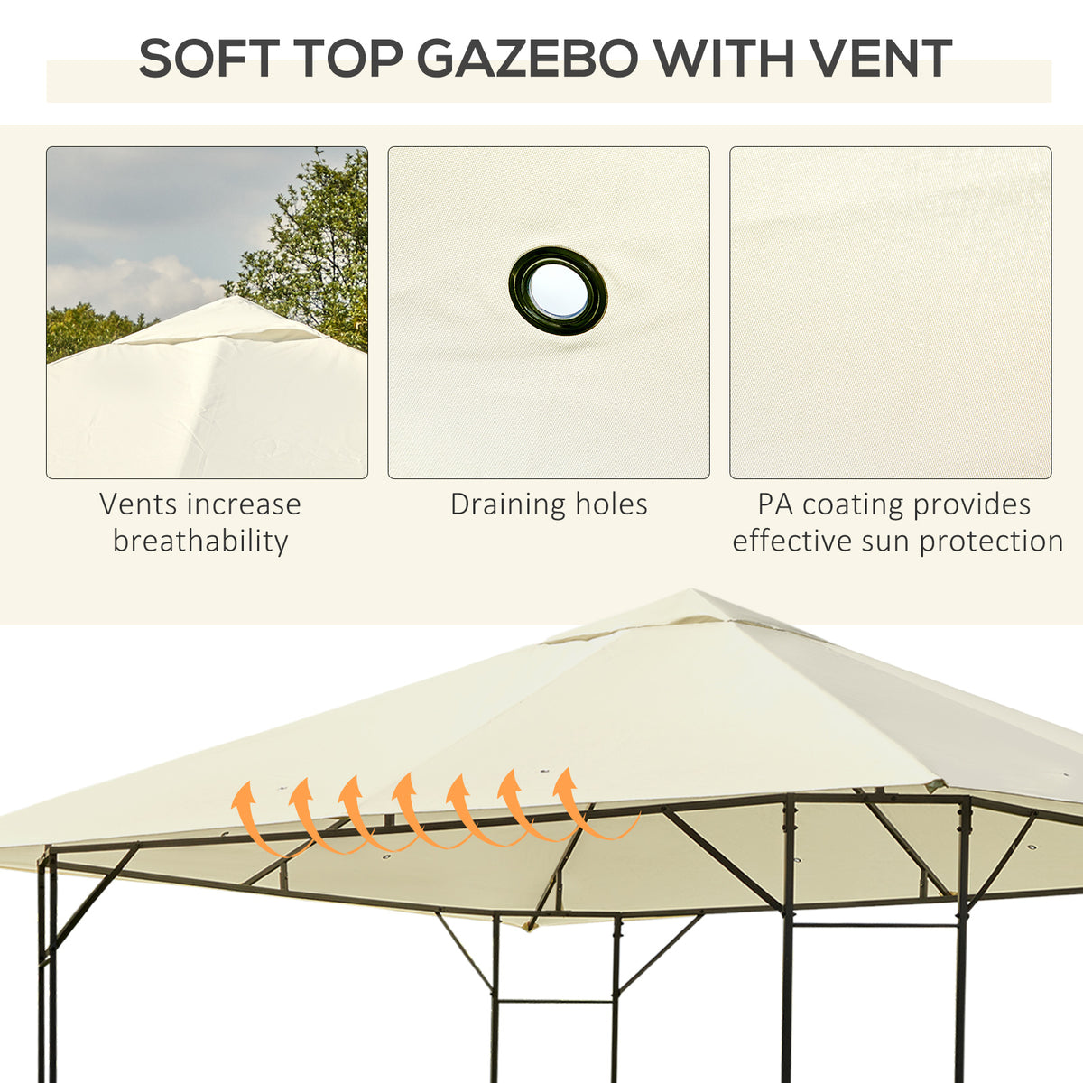 Outsunny gazebo canopy with roof vent, drainage eyelet, and reinforced fabric