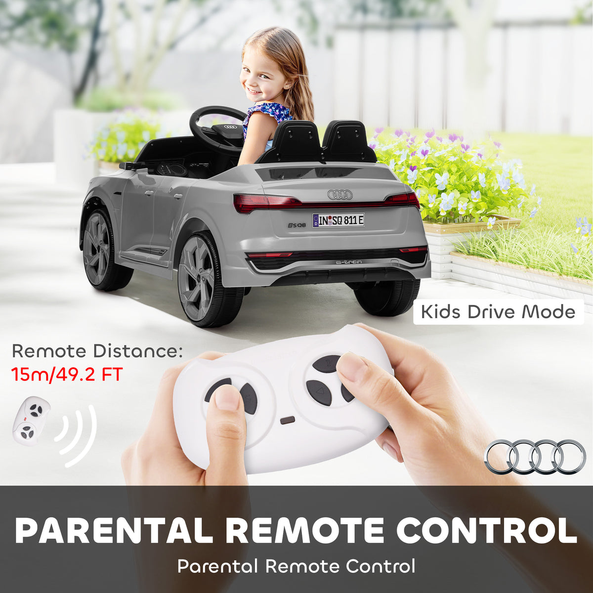Grey Audi ride-on car shown from the rear with a child driver and handheld parental remote