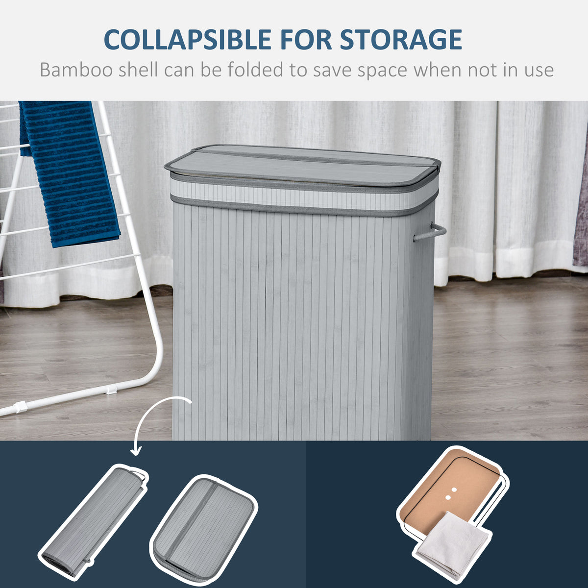 Collapsible grey bamboo hamper shown folded for compact storage
