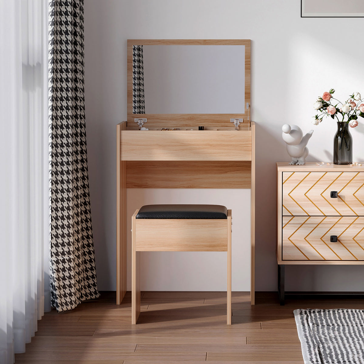 Front view of wood vanity table with flip-up mirror and matching padded stool