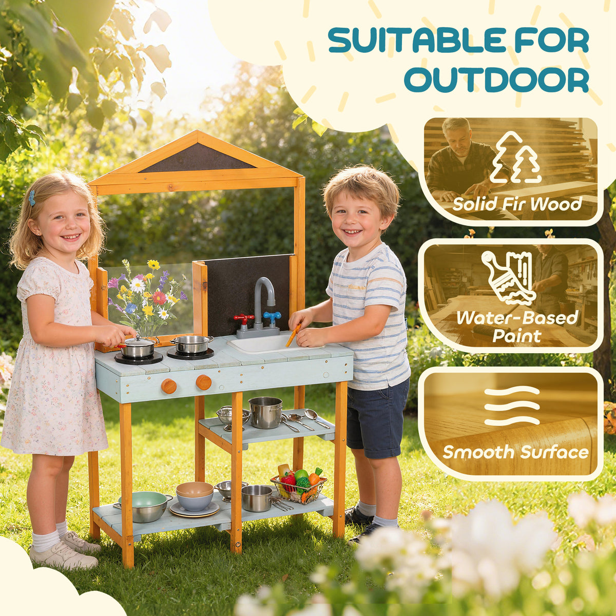 AIYAPLAY Mud Kitchen for Kids, Outdoor Wooden Play Kitchen with Sink, Stove, Cookware, Shelves, Pretend Play Toy for Ages 3-8