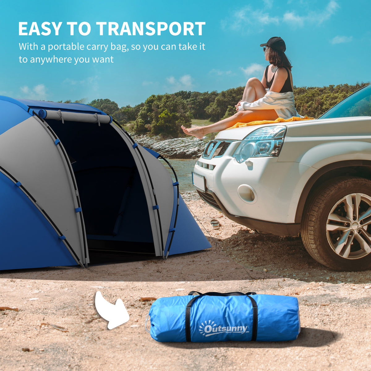 Blue and gray tent beside its blue Outsunny carry bag