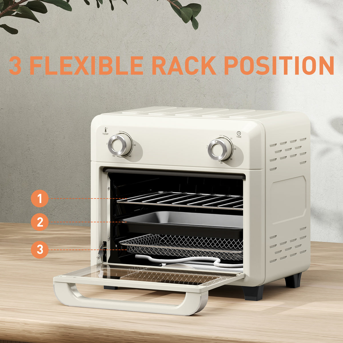 HOMCOM cream air fryer oven with open door and three adjustable rack positions