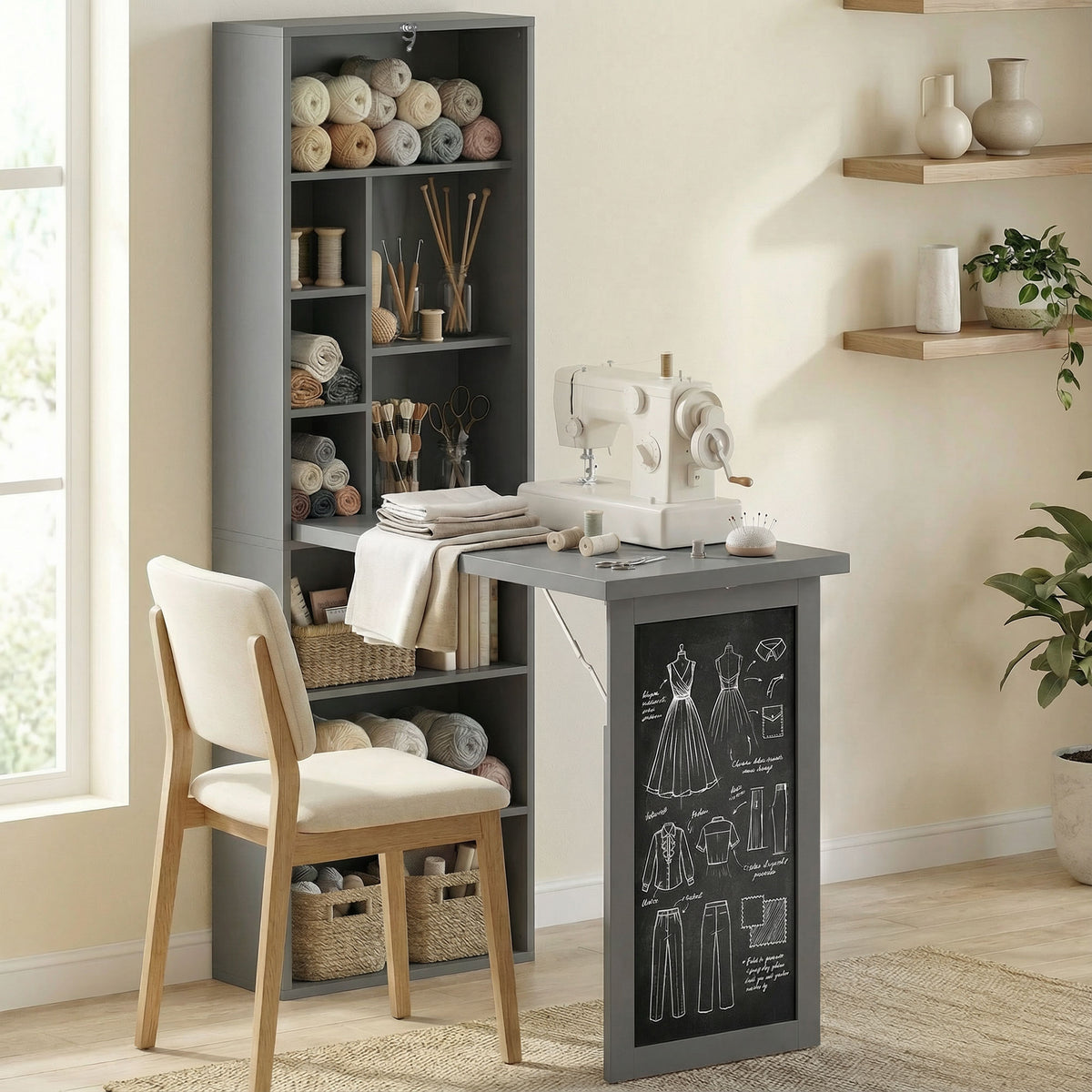 HOMCOM Folding Convertible Desk with Blackboard Multi-function Computer Office Workstation Side Shelf, Grey