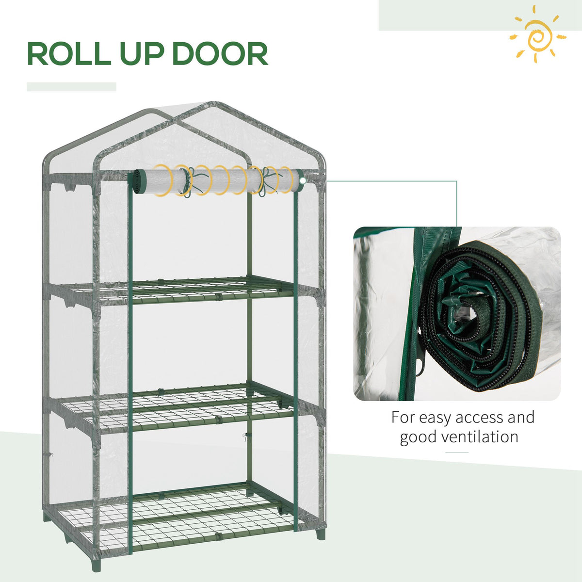Outsunny mini greenhouse with roll-up door open for access and ventilation