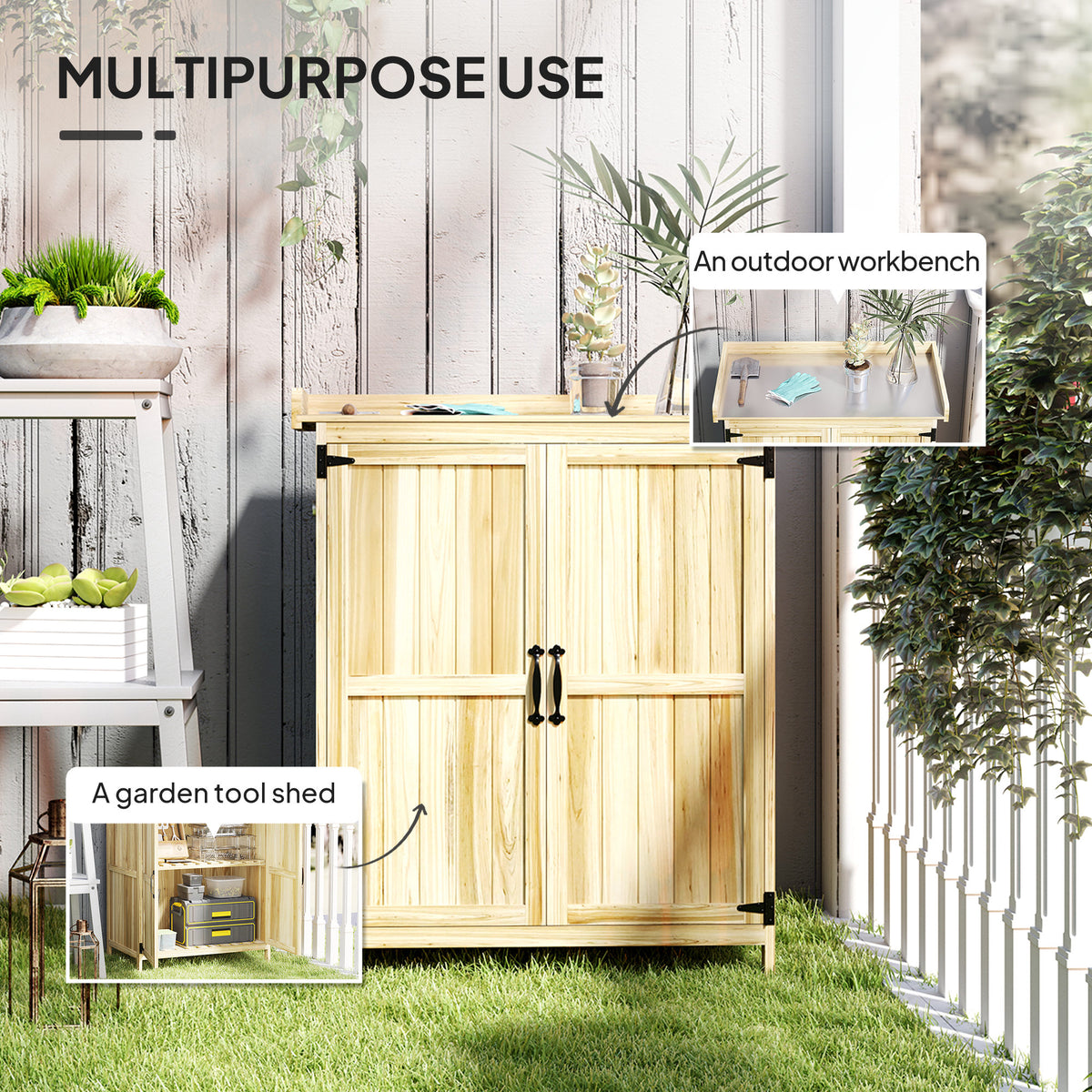 Outsunny fir wood shed shown as a garden tool store and outdoor workbench