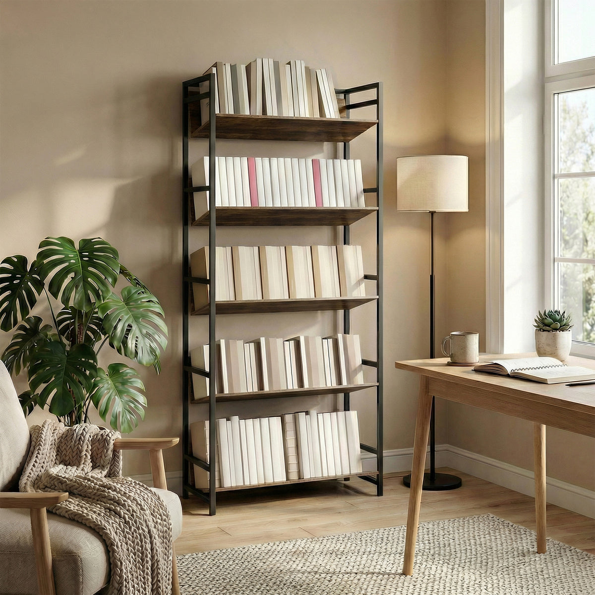HOMCOM Bookshelf 5-Tier Metal Frame Room Divider Bookcase Storage Shelves for Living Room Rustic Brown