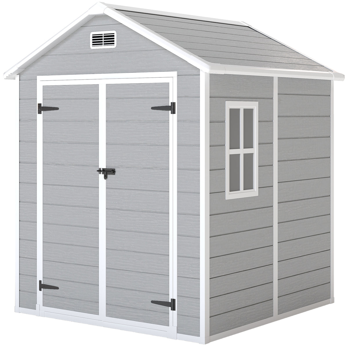 Light gray resin garden shed with wood-effect siding, pitched roof, window, vents and lockable double doors
