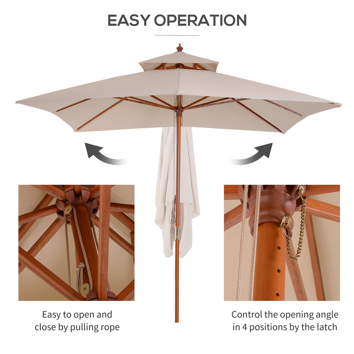 Beige wooden patio parasol with pull rope and four-position tilt latch