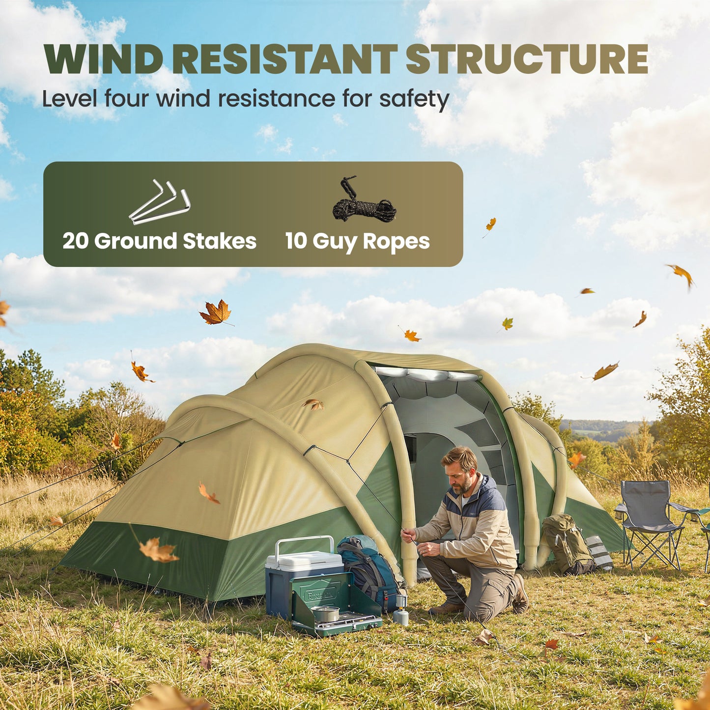 Outsunny Inflatable Tent 2 Bedroom Tunnel Design Windproof Air Tent with Carry Bag for 4 Person