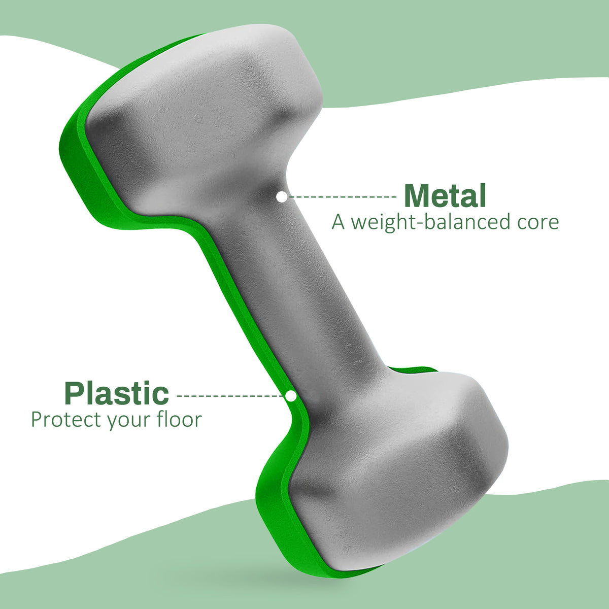 Green dumbbell with plastic coating and exposed metal core