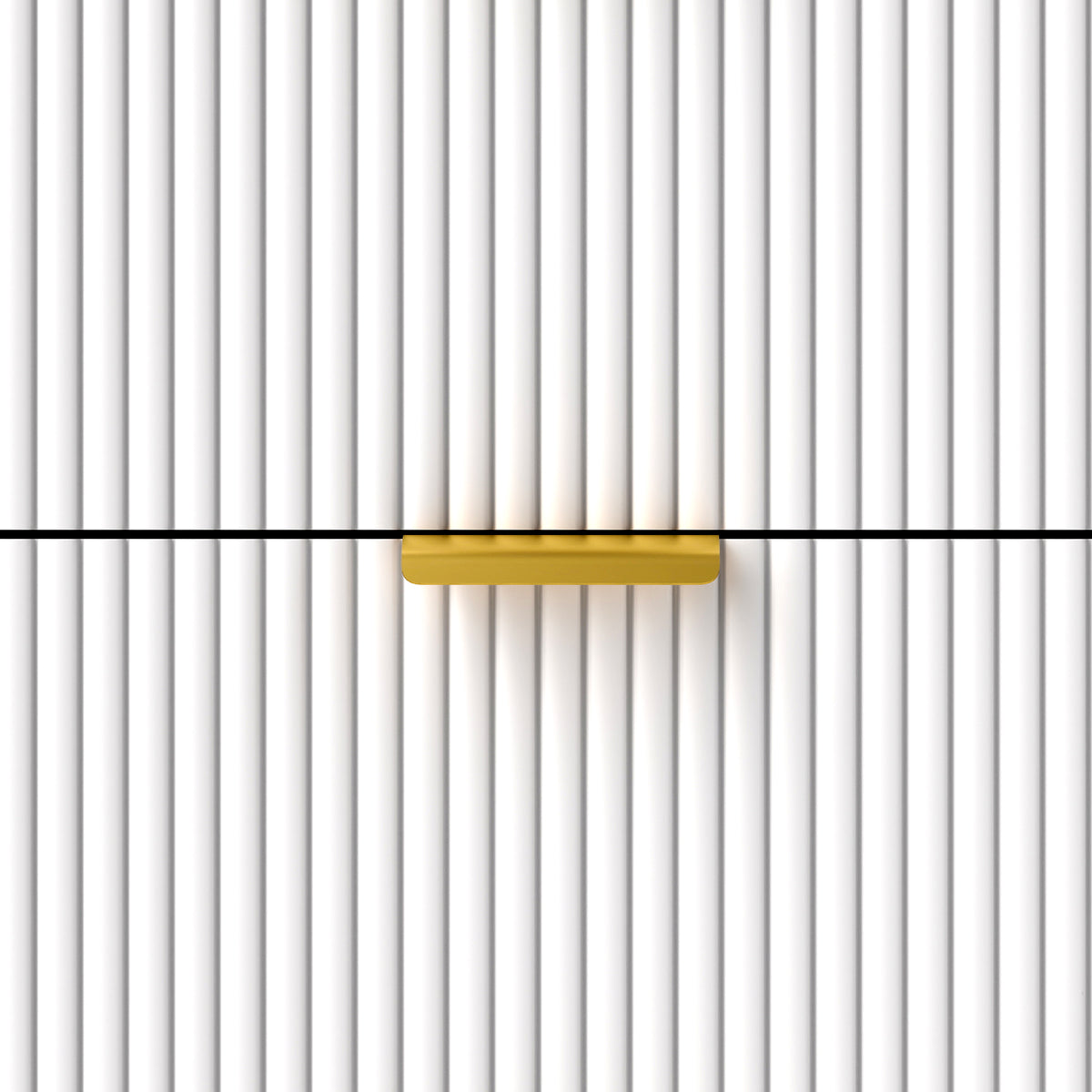 Close-up of the bedside table's gold-tone handle on a fluted drawer front