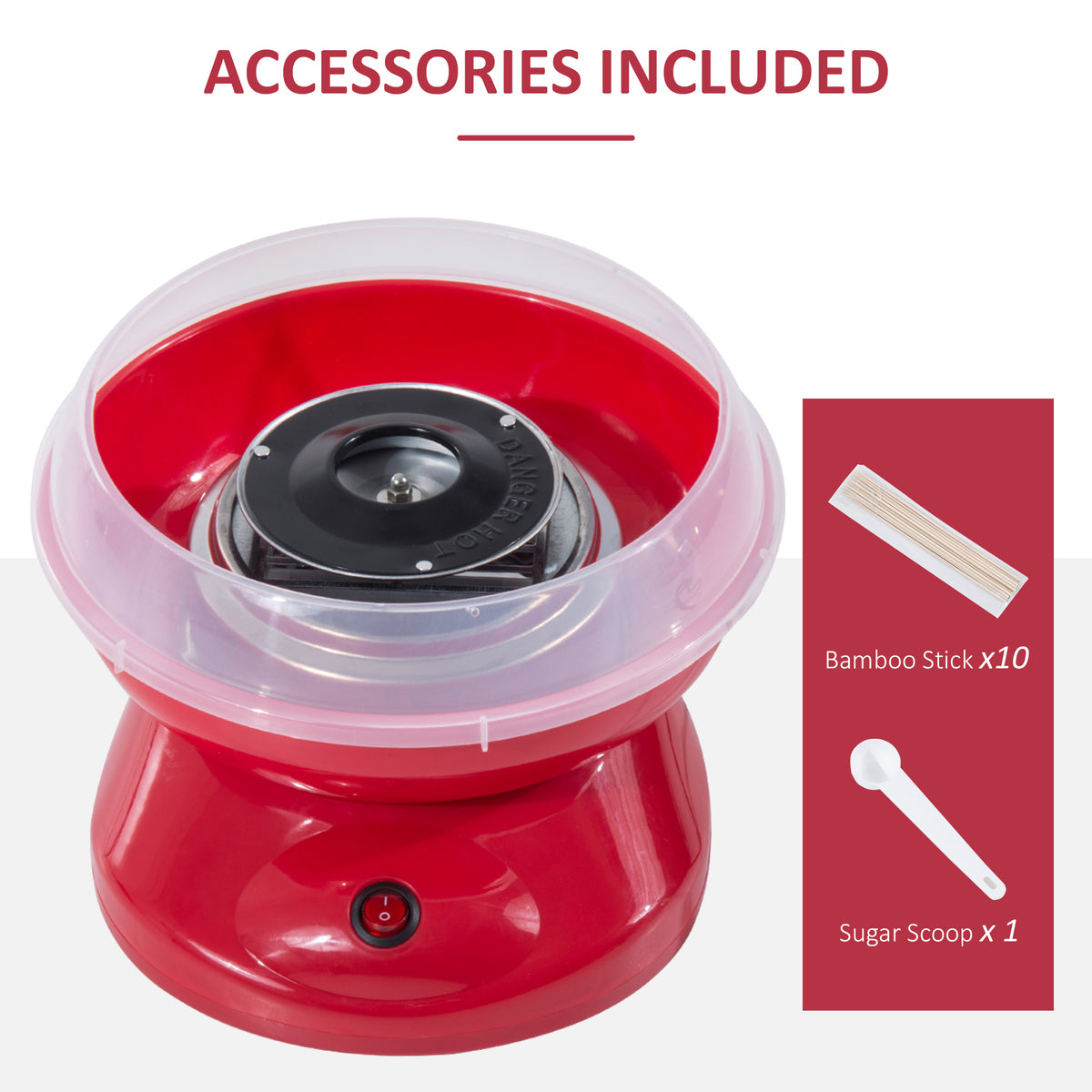 Red cotton candy maker with clear bowl, ten bamboo sticks, and a sugar scoop.