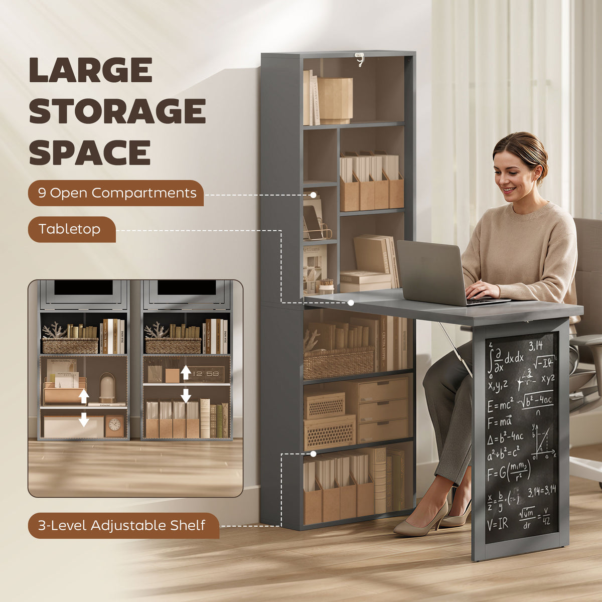 Grey folding desk with blackboard panel and open shelving, shown with adjustable storage compartments.