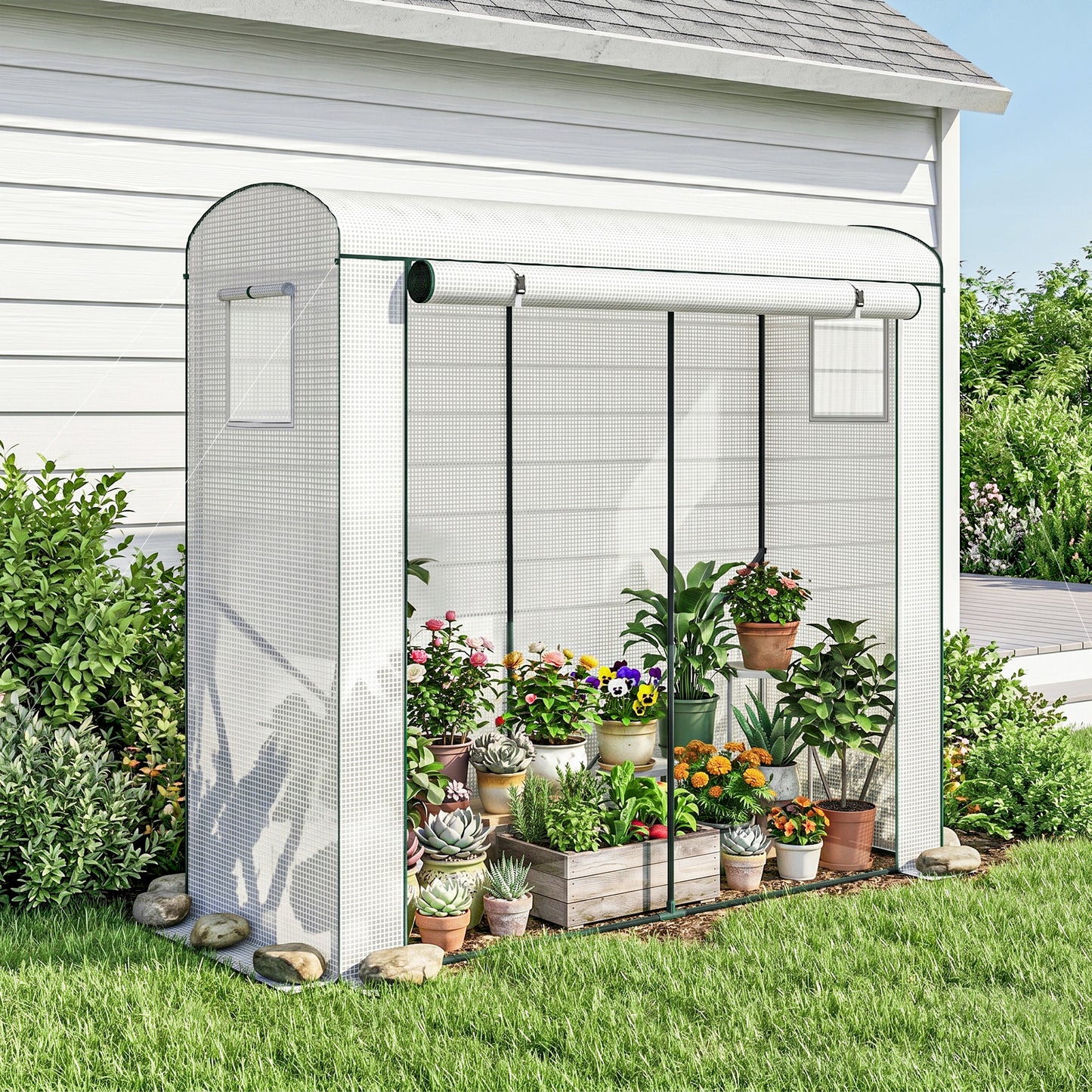 Outsunny Mini Greenhouse, Garden Tomato Growhouse with Roll-Up Door and 2 Mesh Windows, PE Cover, 200 x 75 x 188 cm, White