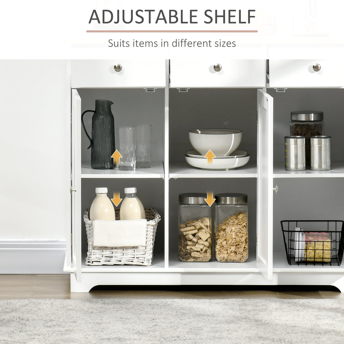 Sideboard interior with adjustable shelves and storage items in the open compartments.