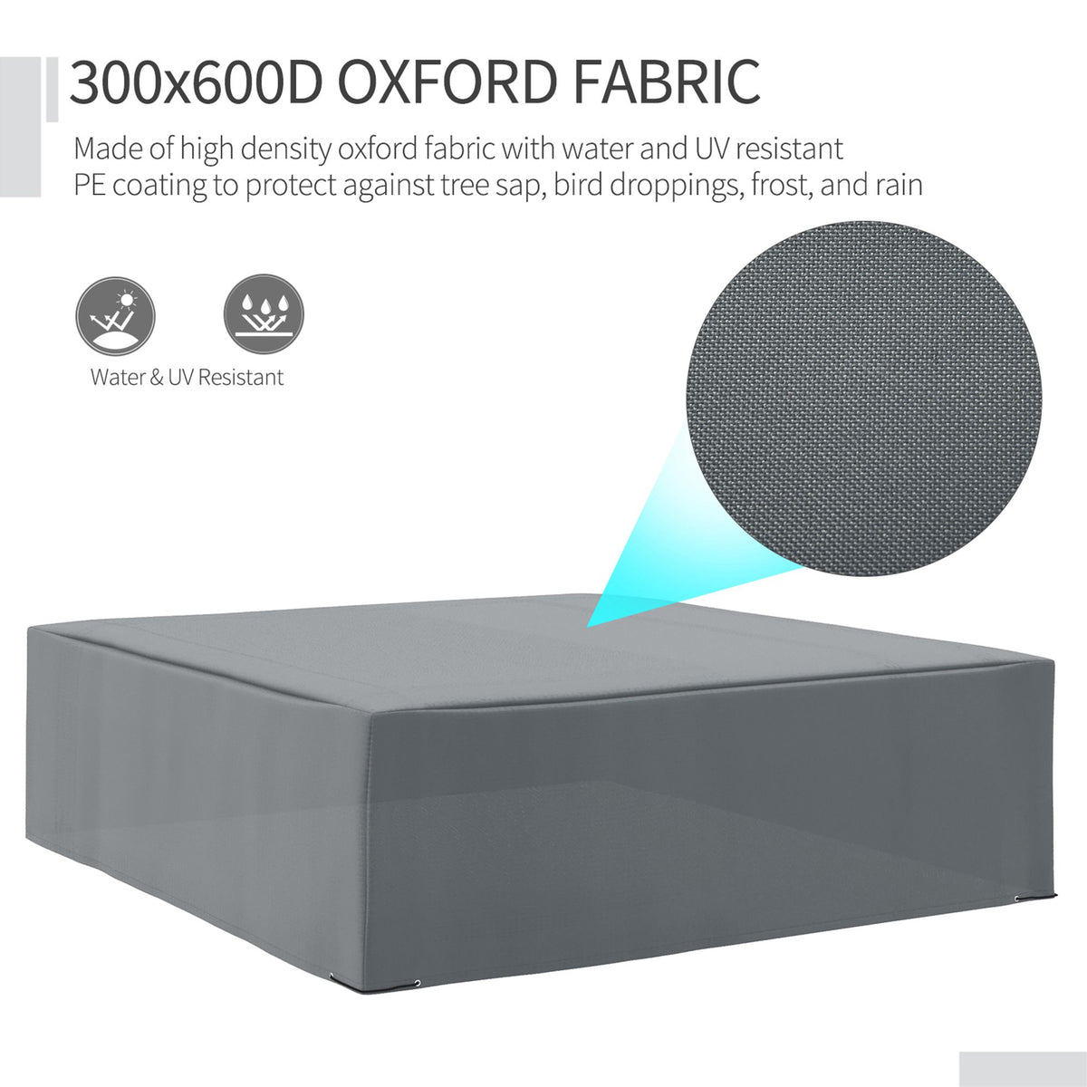 Grey Oxford fabric outdoor furniture cover with a visible woven texture.