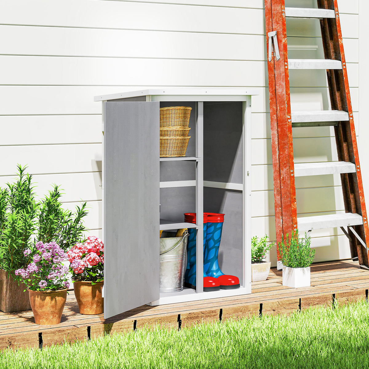 Outsunny Wooden Small Shed, 75L x 56W x115H cm Garden Storage Shed with Shelves and Bolt Latch, Grey