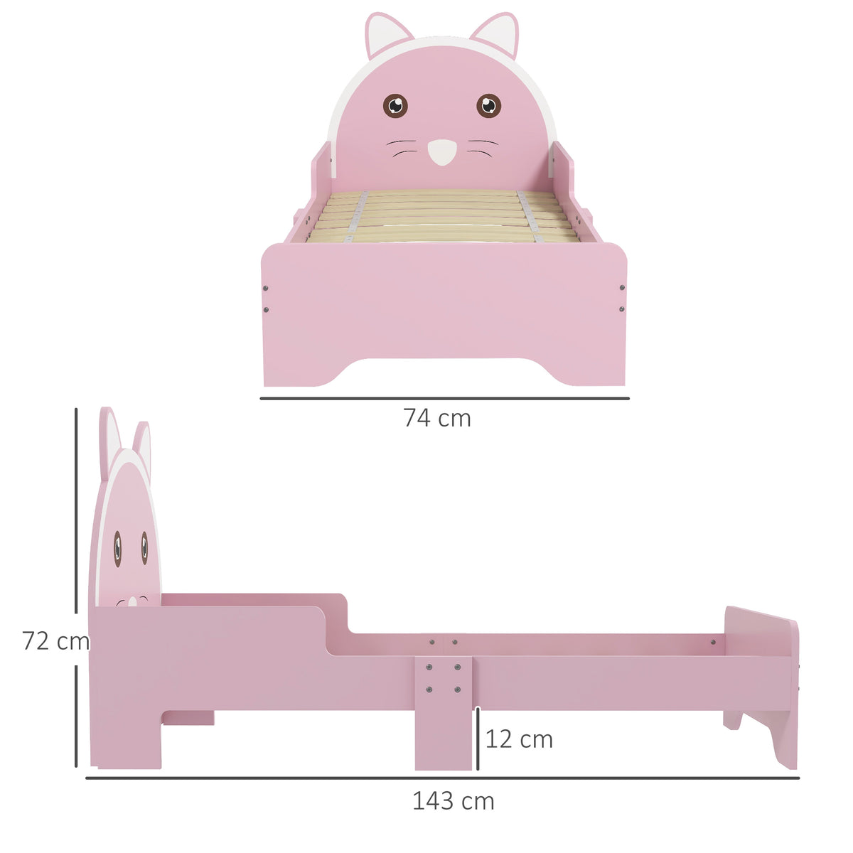 Pink cat-shaped toddler bed frame with guardrails, slatted base and dimensions shown