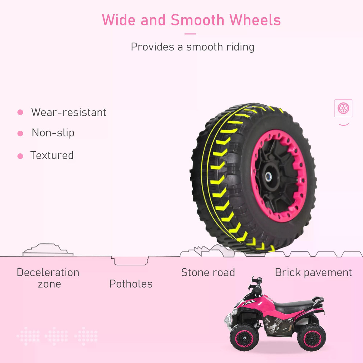Ride-on toy motorcycle wheel with a wide, textured black tire and pink hub