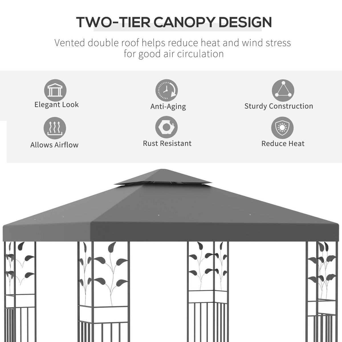 Grey garden gazebo with vented double roof and decorative steel frame