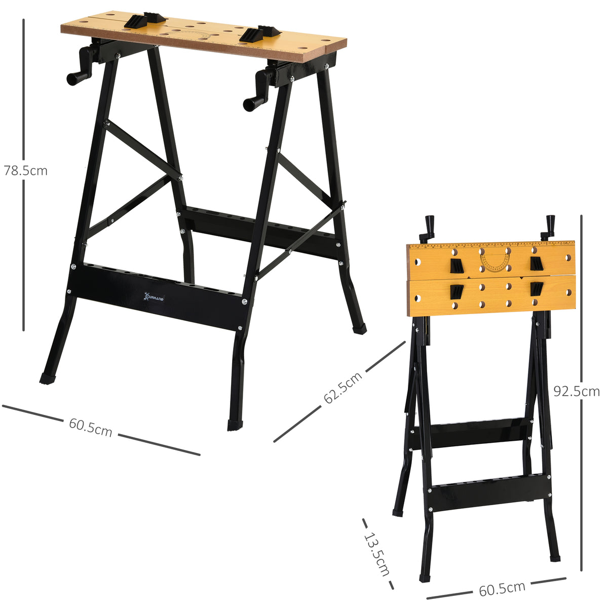 DURHAND workbench shown open and folded with dimensions: 78.5 cm high when open