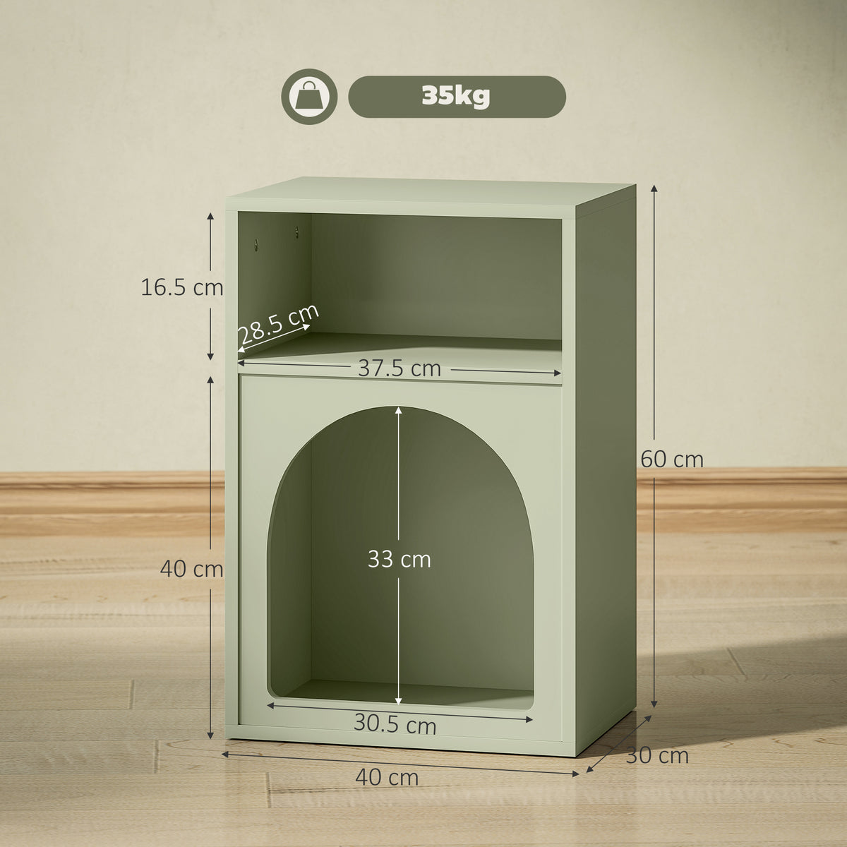 Light green bedside table with arched storage, shown with dimensions and 35 kg load rating