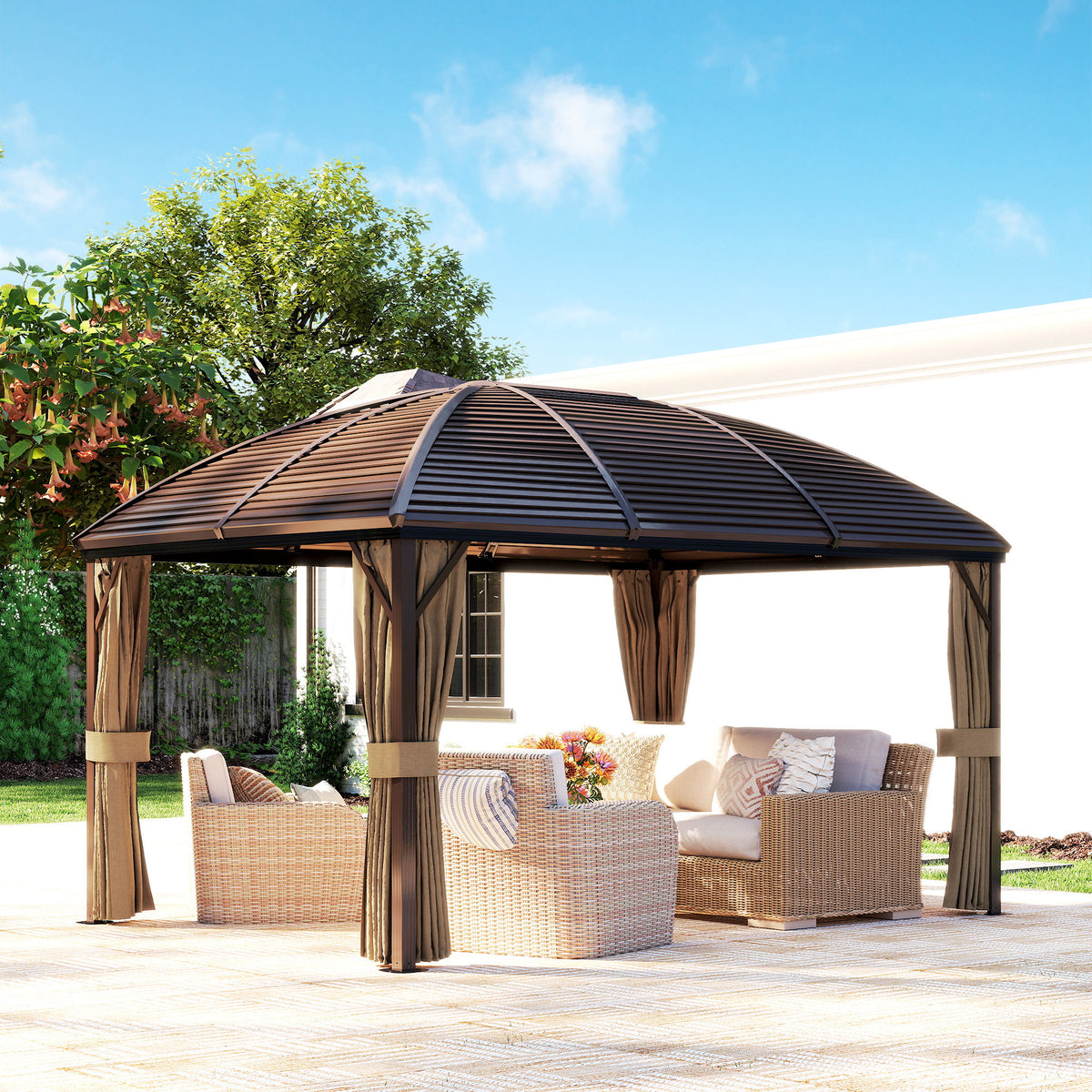Outsunny 3 x 4m Hardtop Gazebo Canopy with Metal Roof, Aluminium Gazebo Permanent Pavilion with Netting and Curtains, Brown
