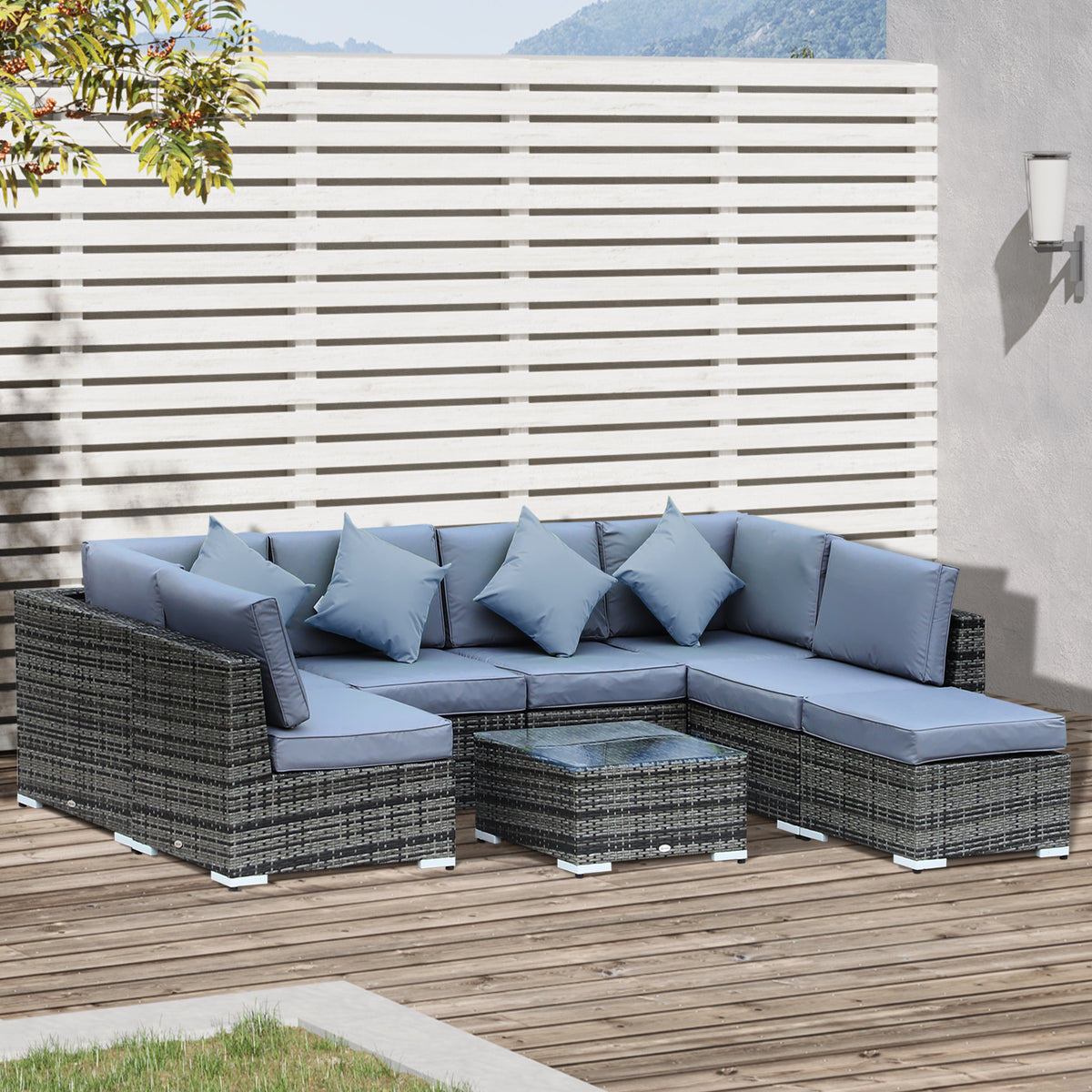 Outsunny 8 Piece Rattan Corner Sofa Set with Wide & Deep Seat, Assembled Aluminium PE Rattan Garden Furniture Set with Thick Cushions and Glass Top Table for Outdoor, Conservatory, Grey
