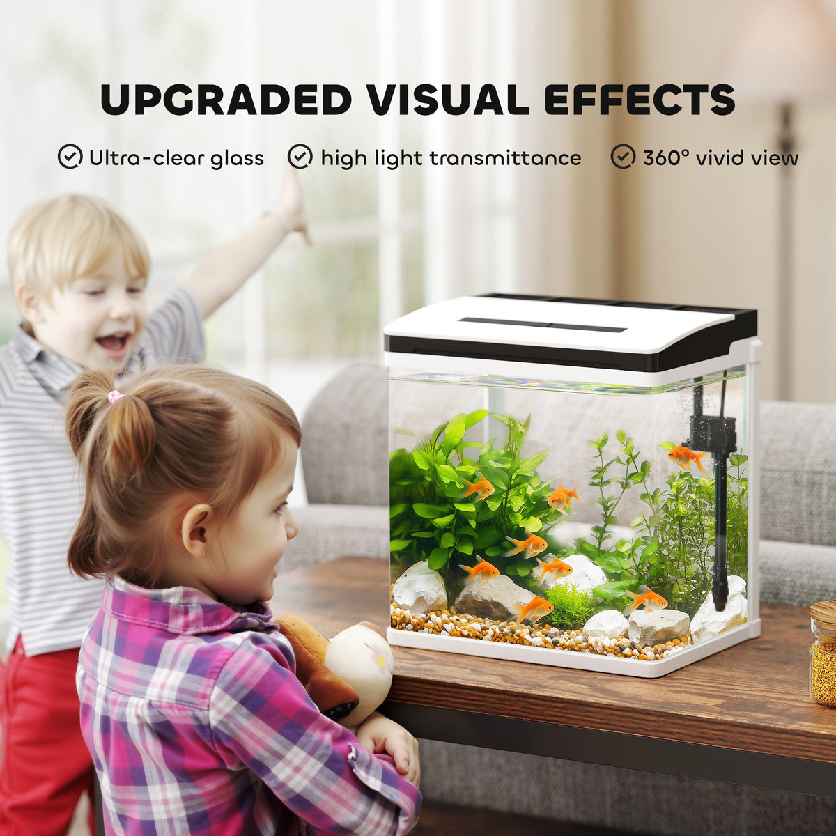 Clear glass aquarium with lid, internal filter, plants, and fish