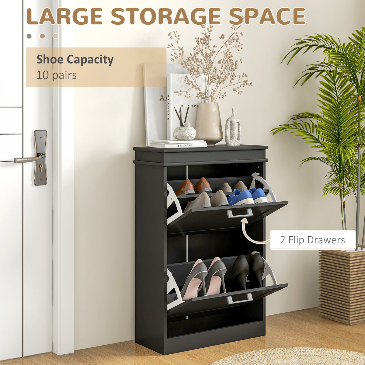 Black two-drawer shoe cabinet with both flip-down compartments open, holding shoes.