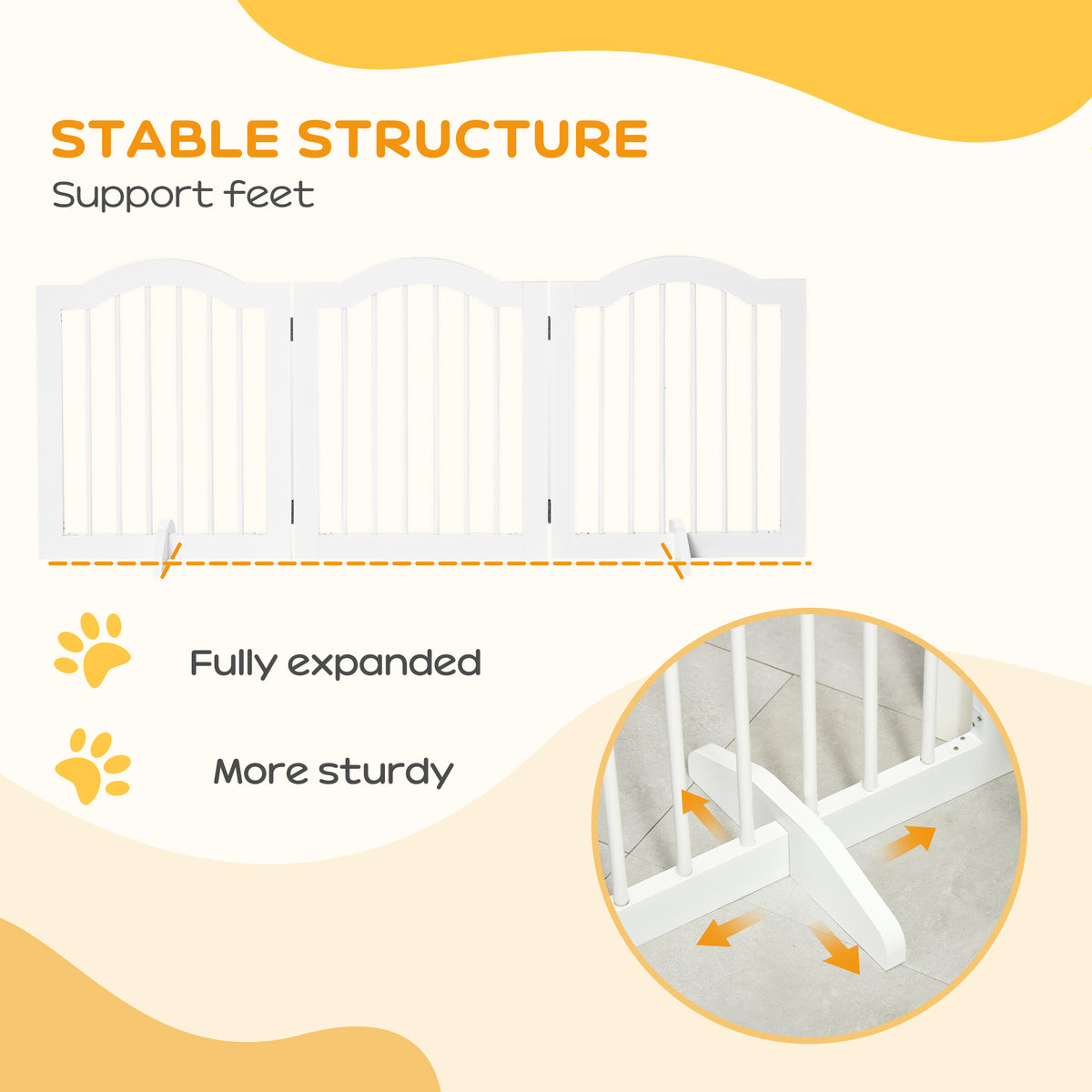 Three-panel white wooden dog gate shown expanded, with support feet for stability.