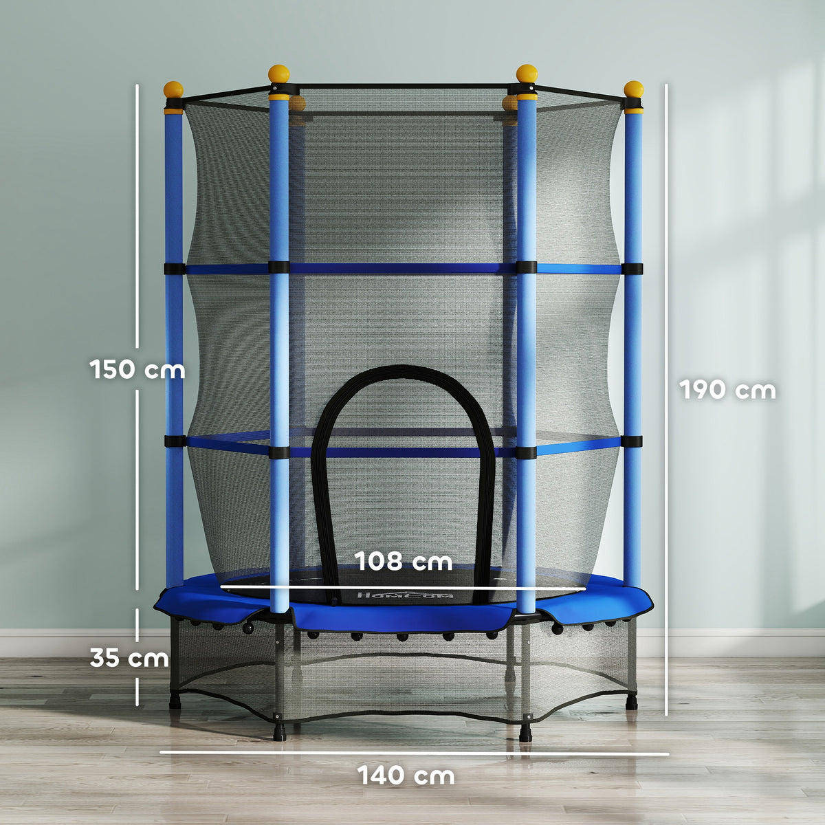 Blue kids trampoline with mesh enclosure and bottom net, shown with height and width measurements