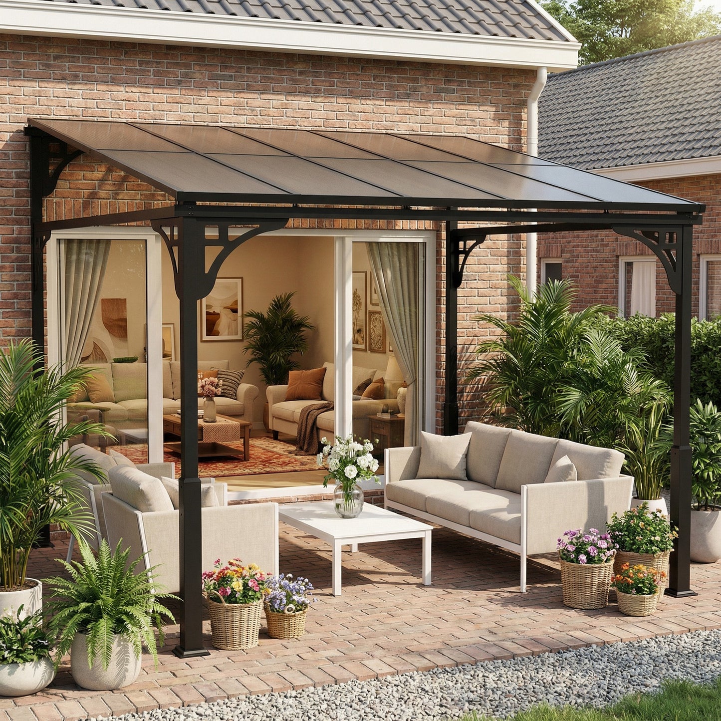 Outsunny 3 x 2.87 m Metal Lean-to Pergola, Wall-Mounted Hardtop Garden Pergola with Polycarbonate Roof and Metal-Aluminium Frame