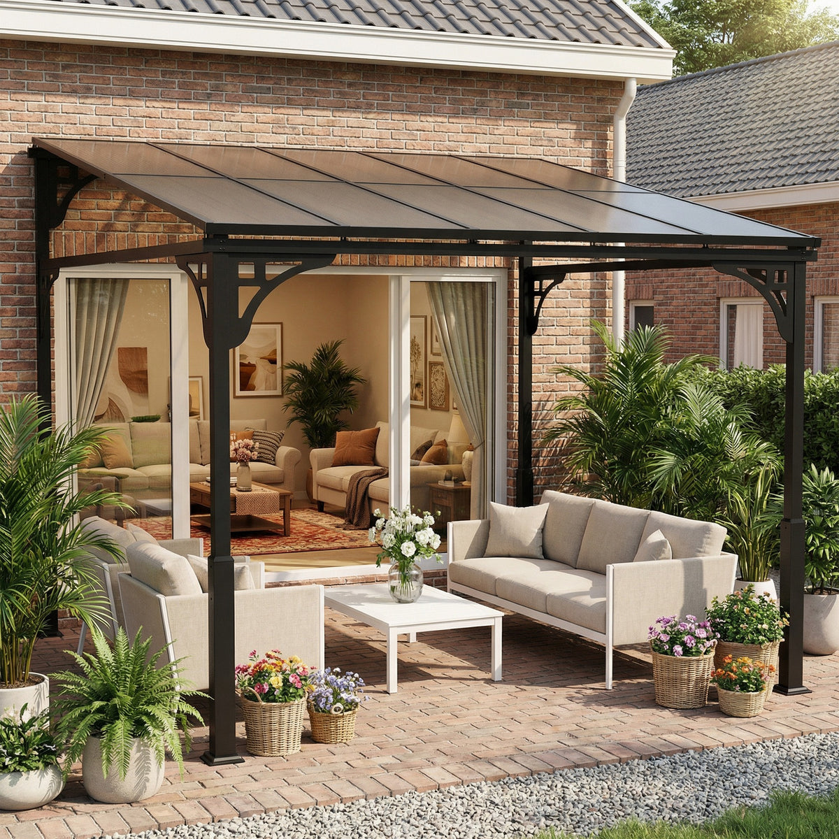 Outsunny 3 x 2.87 m Metal Lean-to Pergola, Wall-Mounted Hardtop Garden Pergola with Polycarbonate Roof and Metal-Aluminium Frame