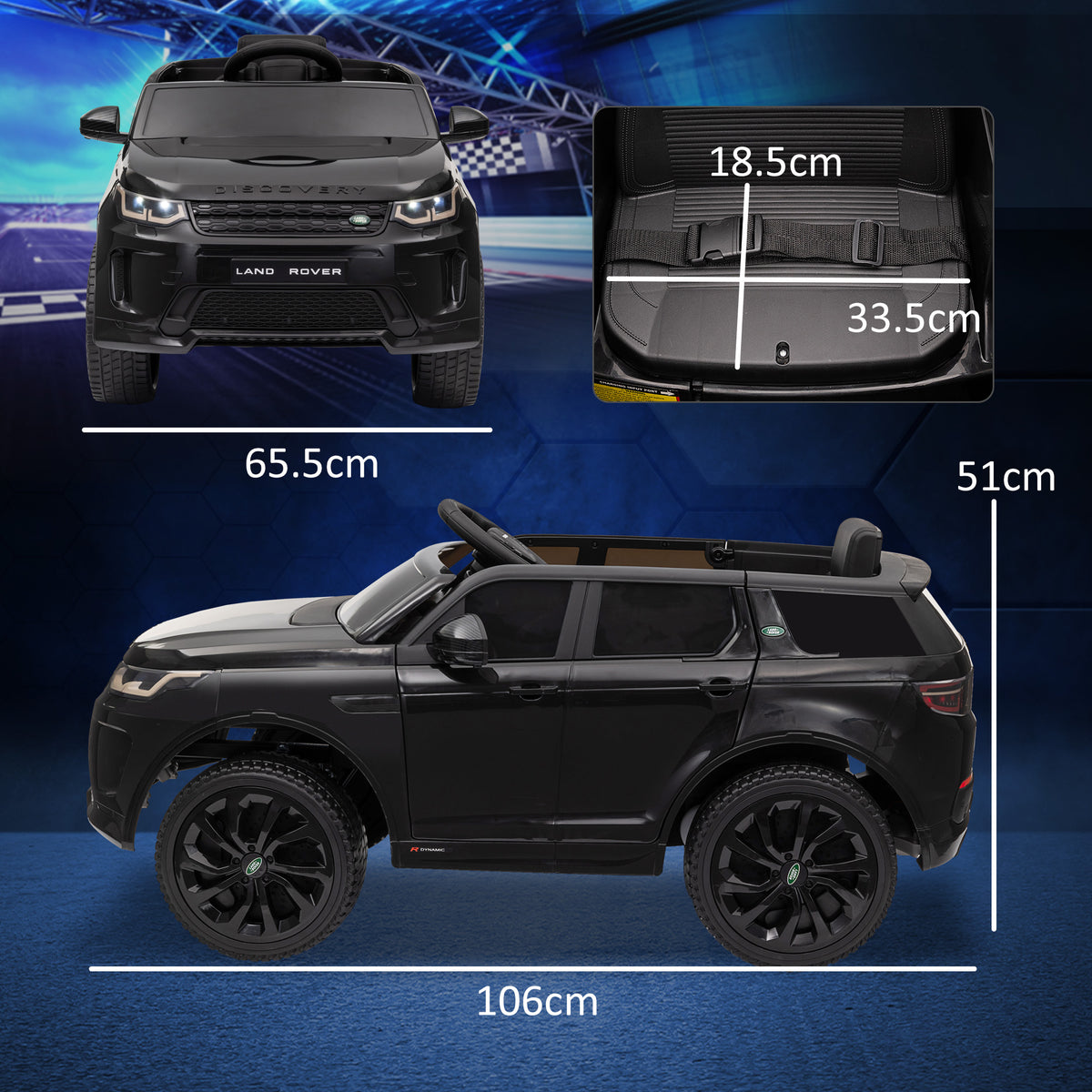 Black AIYAPLAY Land Rover Discovery Sport ride-on car shown from front and side with dimensions