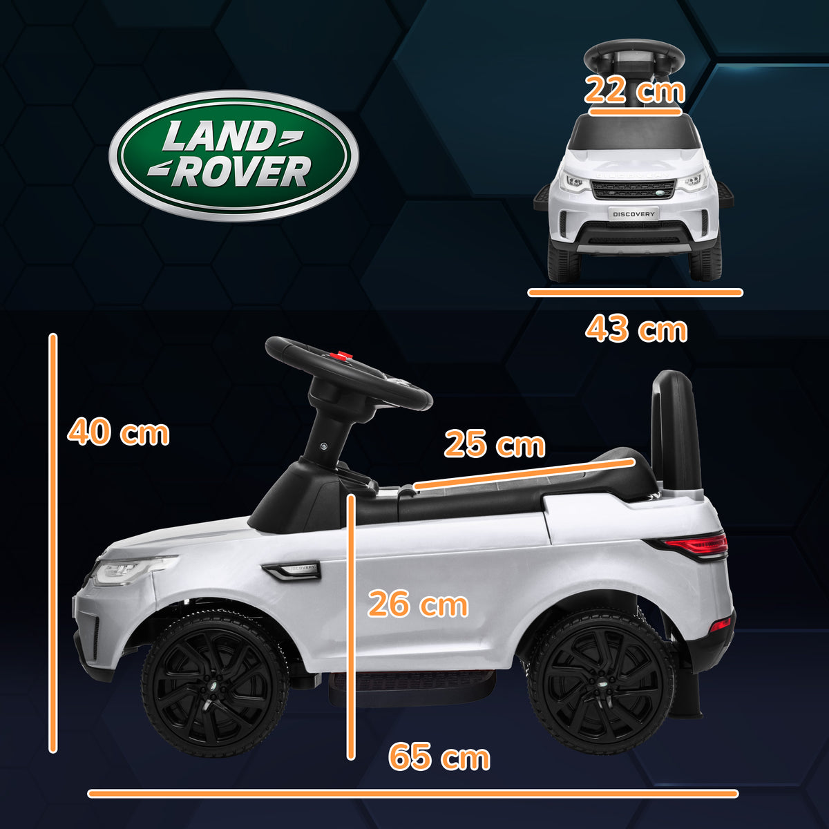 White Land Rover ride-on car shown from the side and front with dimensions marked