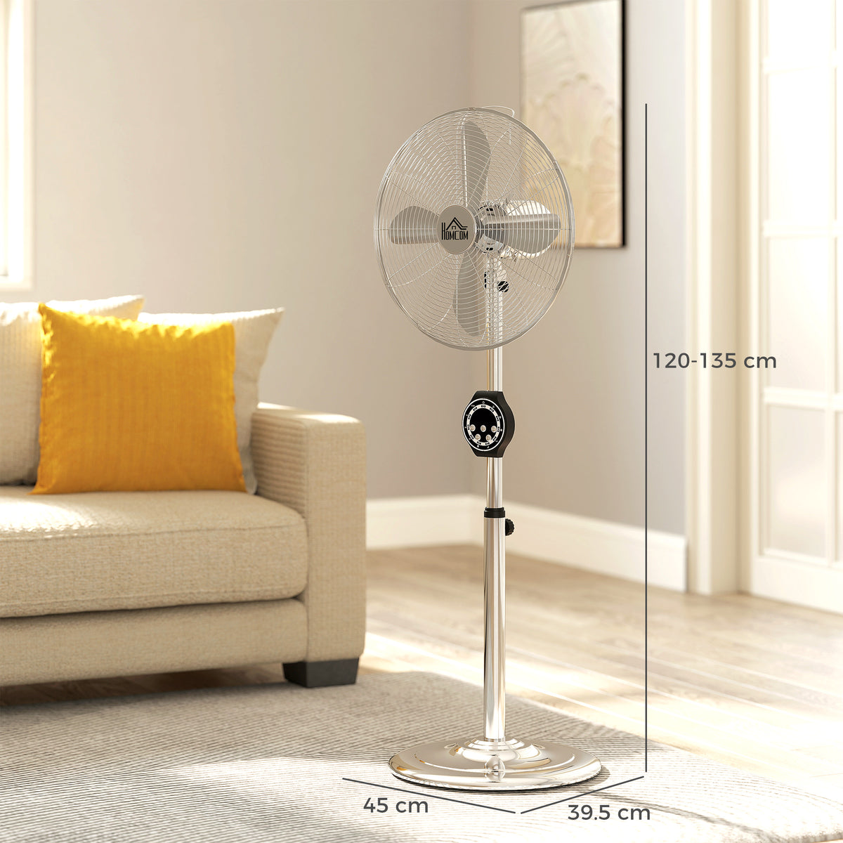 HOMCOM 16" Metal Pedestal Fan with Oscillating, Adjustable Height - Silver Tone