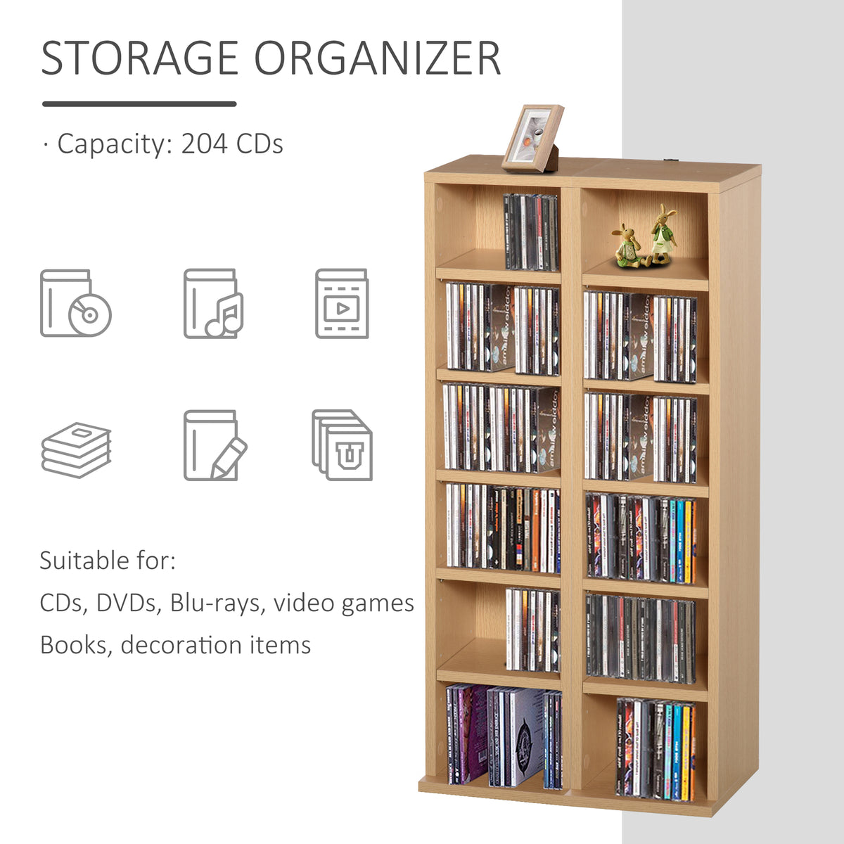 HOMCOM natural wood media shelf filled with CDs, DVDs, books, and decor