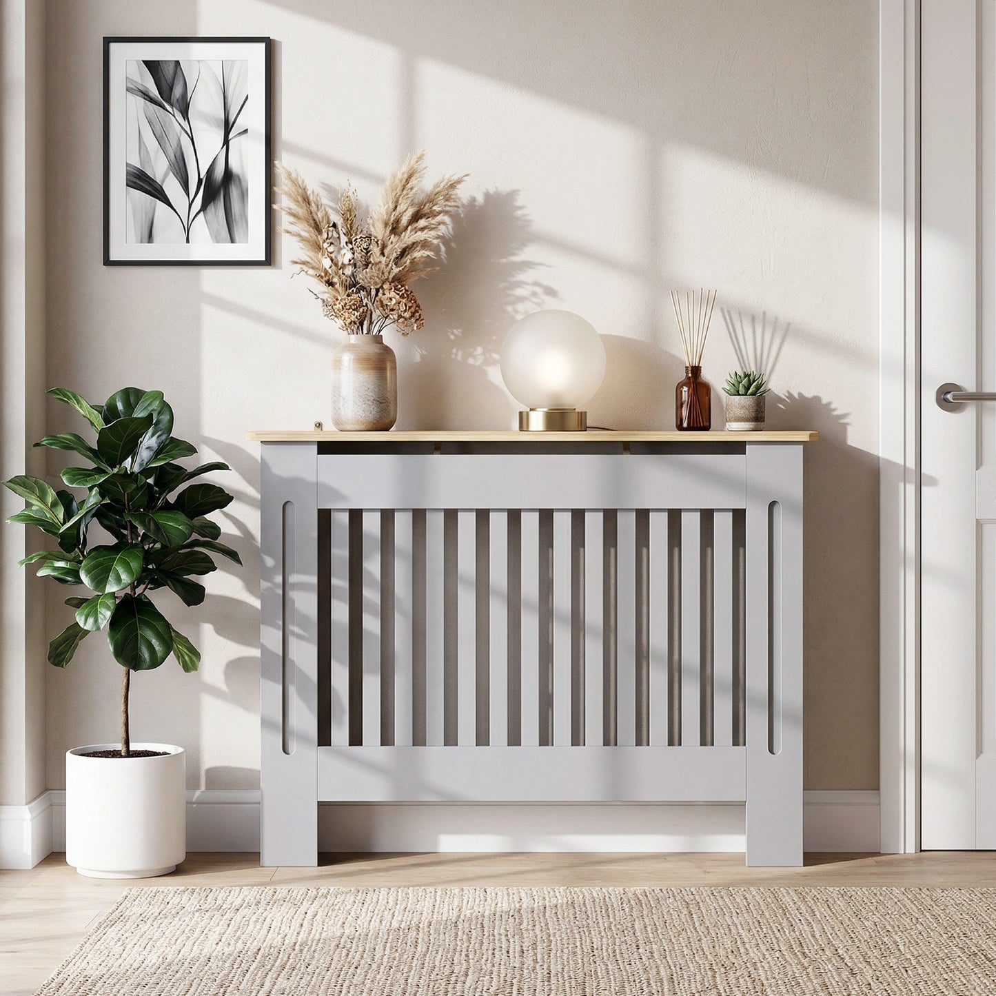 HOMCOM Slatted Radiator Cover, Painted Cabinet with Line Grill Design, 112L × 19W × 81H cm, Grey