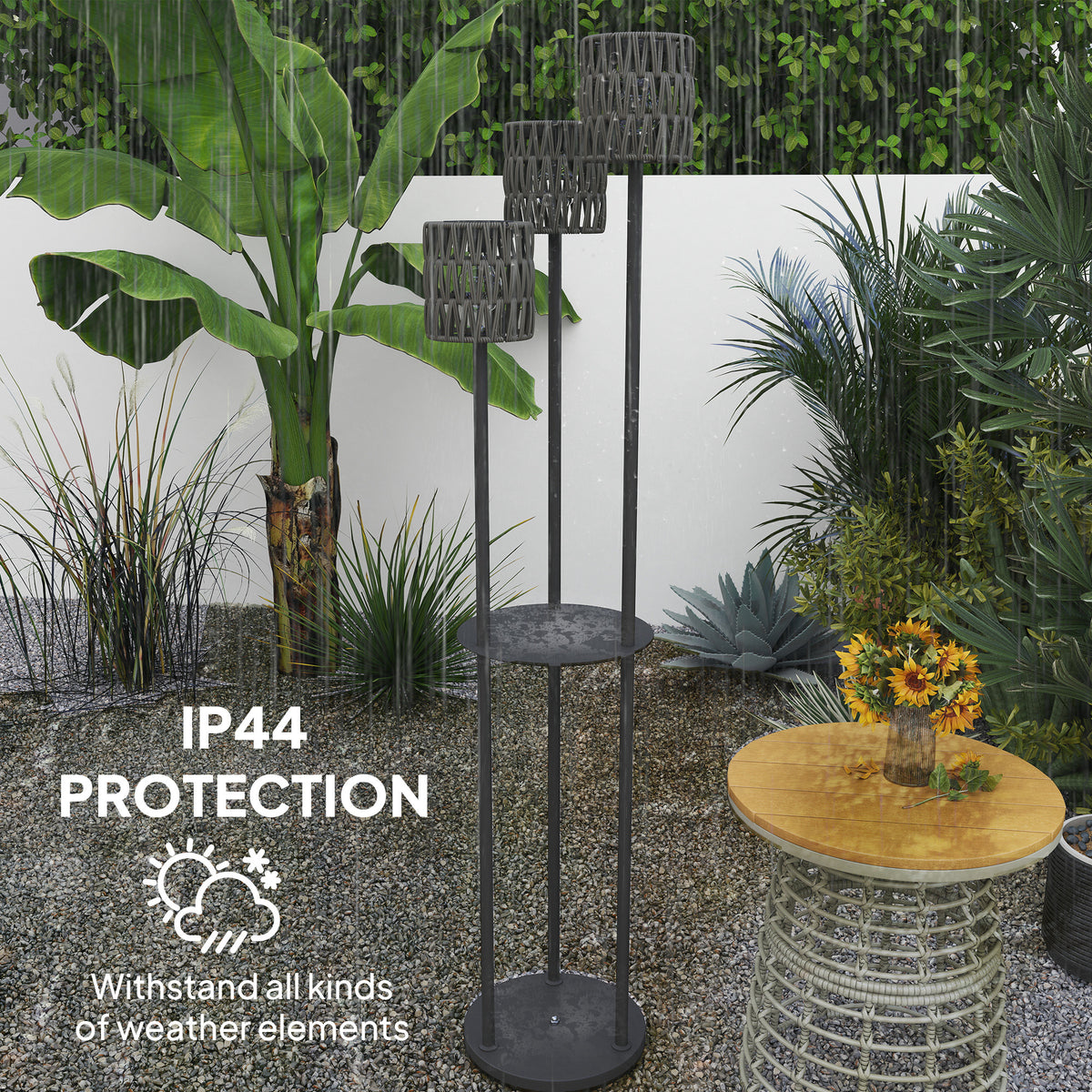 Outsunny Boho Rattan Floor Lamp, 3-Lights Rattan Lamp with Shelf, Freestanding Solar Garden Light with Auto On/Off Lights, Grey