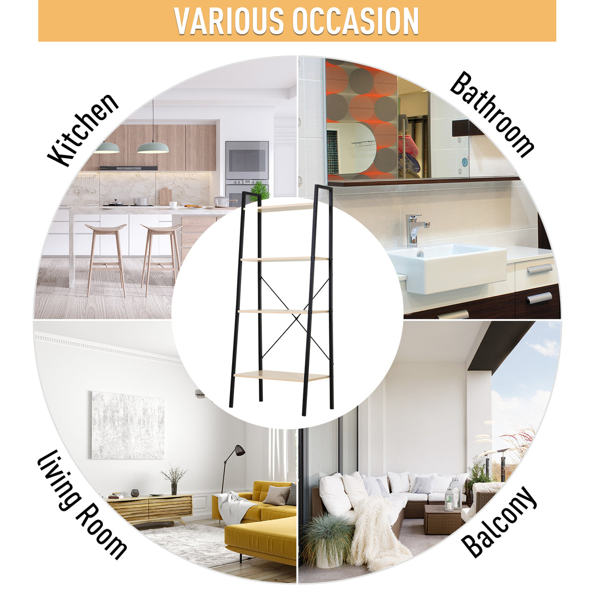 HOMCOM four-tier ladder shelf shown for kitchen, bathroom, living room, and balcony use